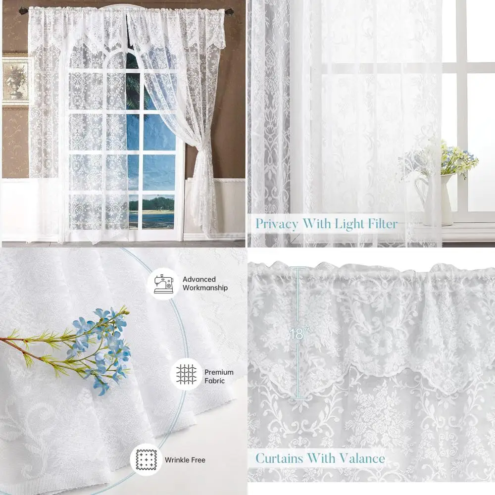 

84-дюймовые белые полупрозрачные шторы с цветочной вышивкой и прикрепленными балданами, кружевные тюлевые карманные панели