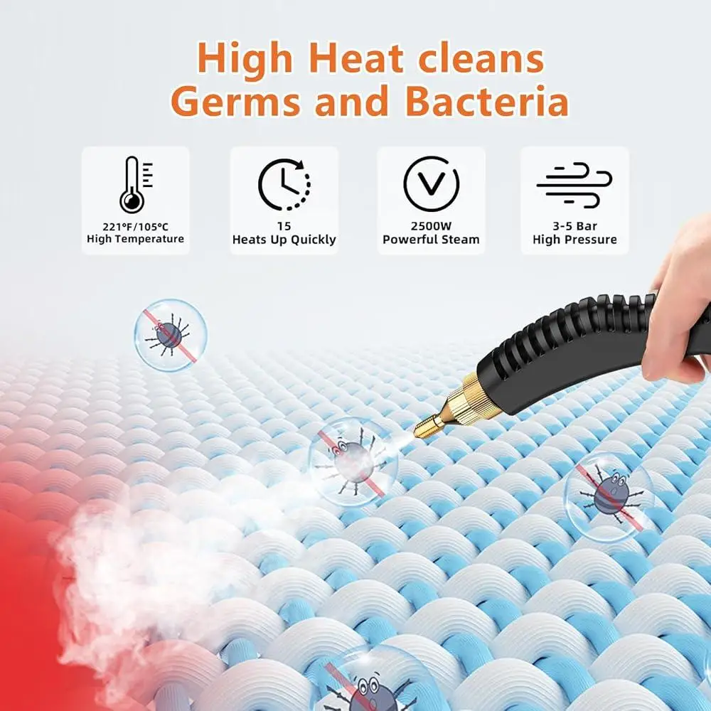 High Pressure Handheld Steam Cleaner 2500W Portable Steamer 105℃ Fast Heating Multi-Surface Cleaning Tool with 3 Brush Heads
