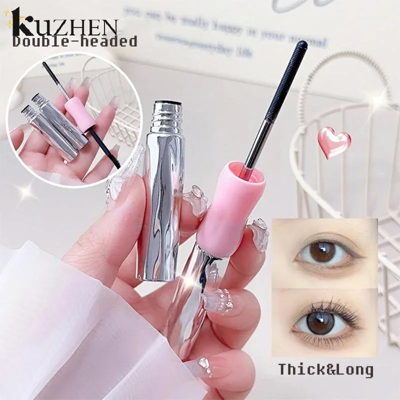 Doppelte In-Eins-Mascara aus Seidenfaser, wasserfeste Wimperntusche für Wimpernverlängerung, schwarz, dick, verlängernde Wimpern, Kosmetik