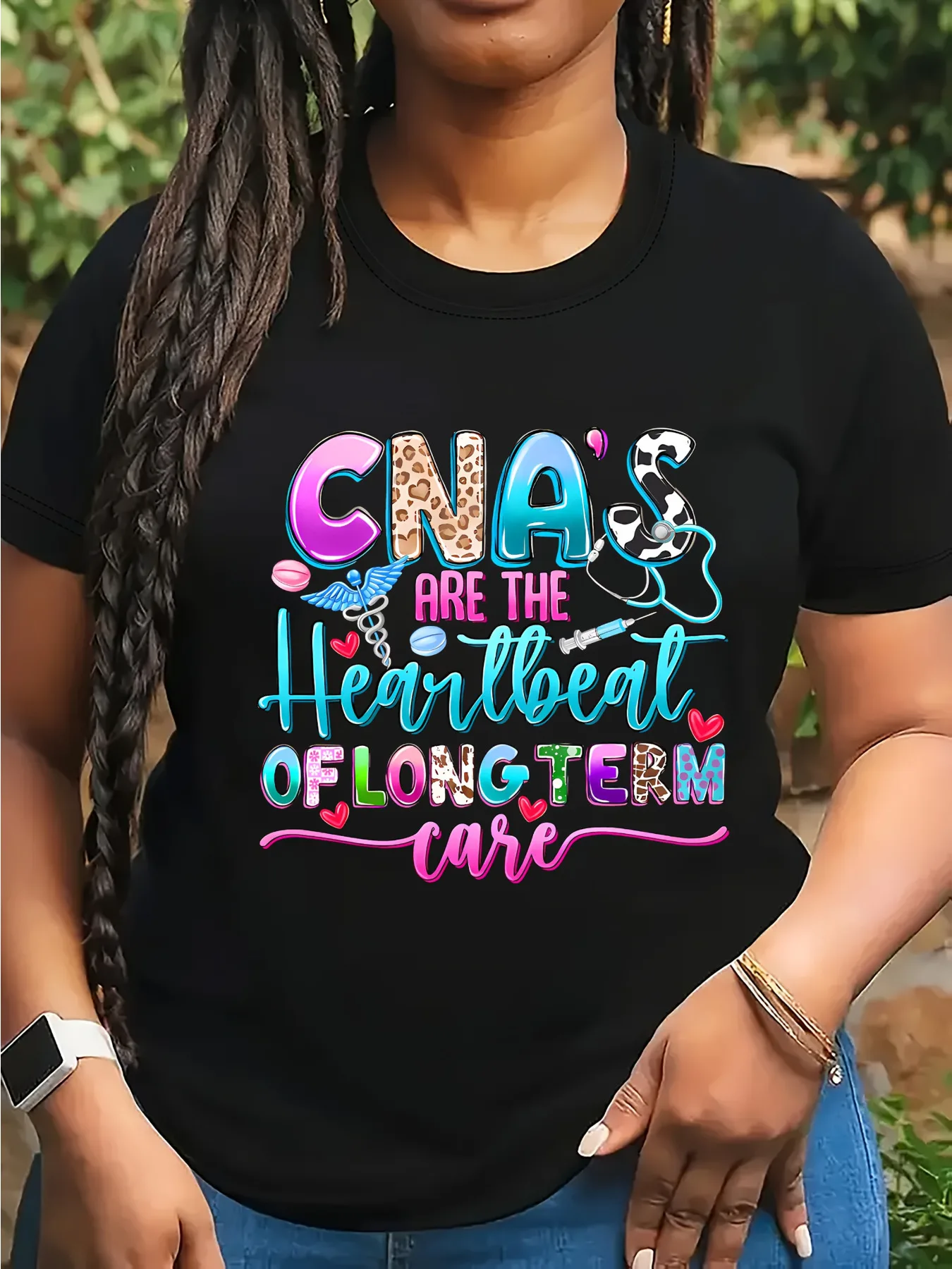

Women's Casual Crew Neck T-Shirt with CNA's are the Heartbeat of Long Term Care Print