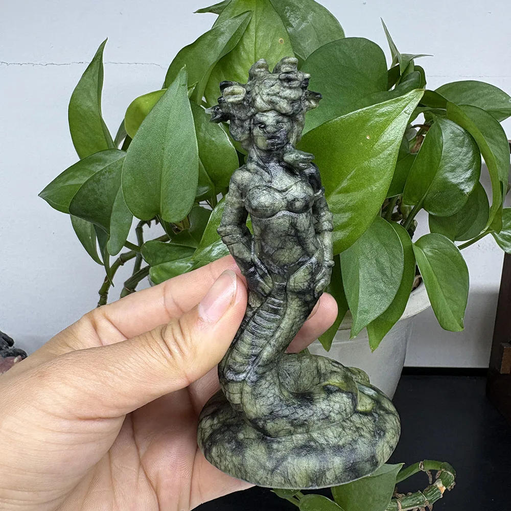 Custom Natural Xiuyan Jade Medusa Figurine - 12cm Hand-Carved Gemstone Gorgon Snake Goddess Statue