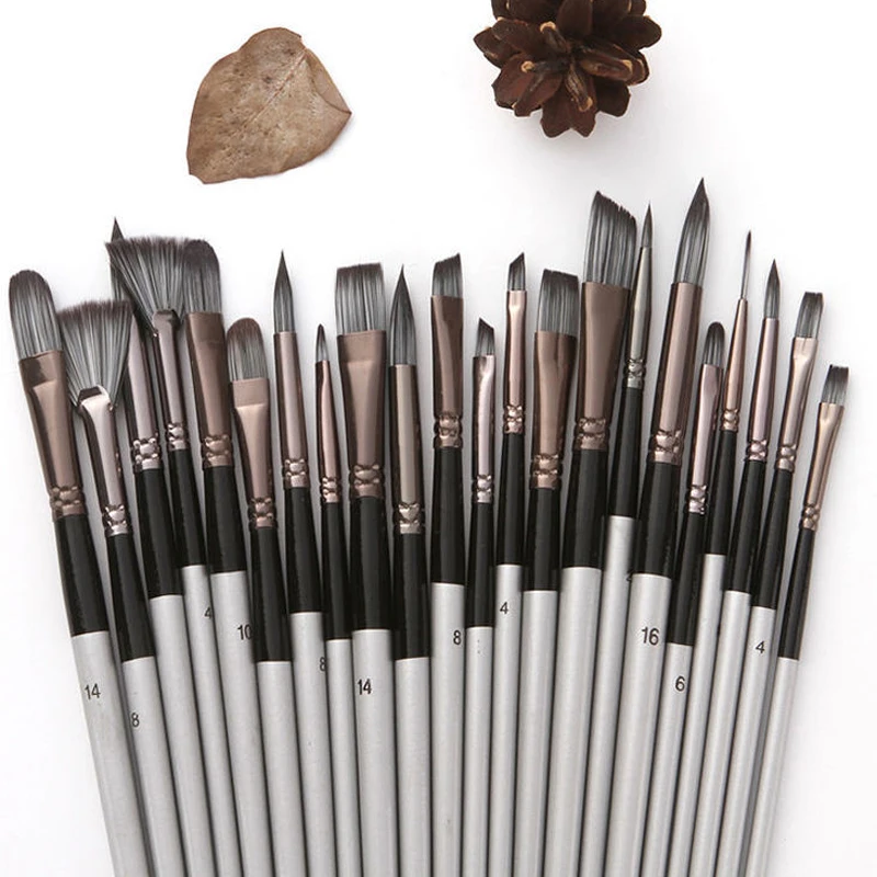 24 Pcs/Set Nylon Wool Wood Handle Watercolor Paint Brush Matte Scraper Acrylic Silver Gray Pole Painting Art Watercolor Supplies