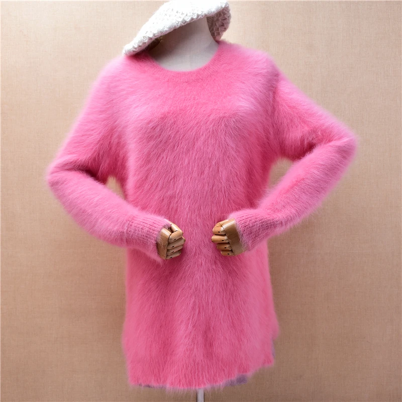 Women Mujer Autumn Winter Thick Warm Pink Hairy Mink Cashmere Knitted O-Neck Long Sleeves Loose Pullover Angora Fur Sweater Pull