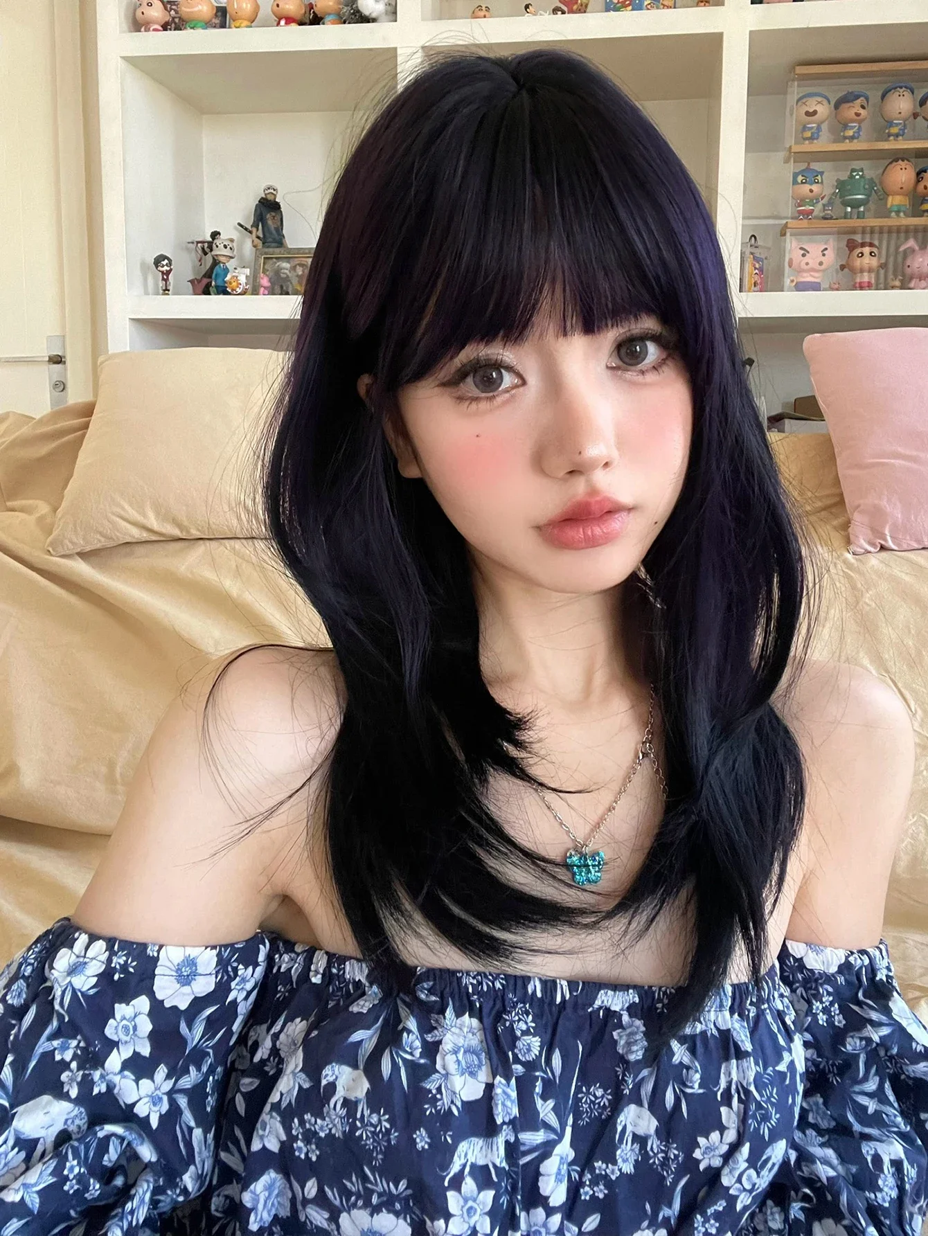 20Inch Dark Purple Sexy Synthetic Wigs with Bang Neatly Trimmed Medium Natural Straight Hair Wig For Women Daily Heat Resistant