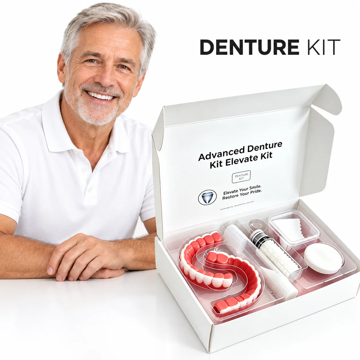 Full Denture Set Upper Lower False Teeth Temporary Dental Appliance Smile Kit with Fixing Adhesive Cleaning Tools