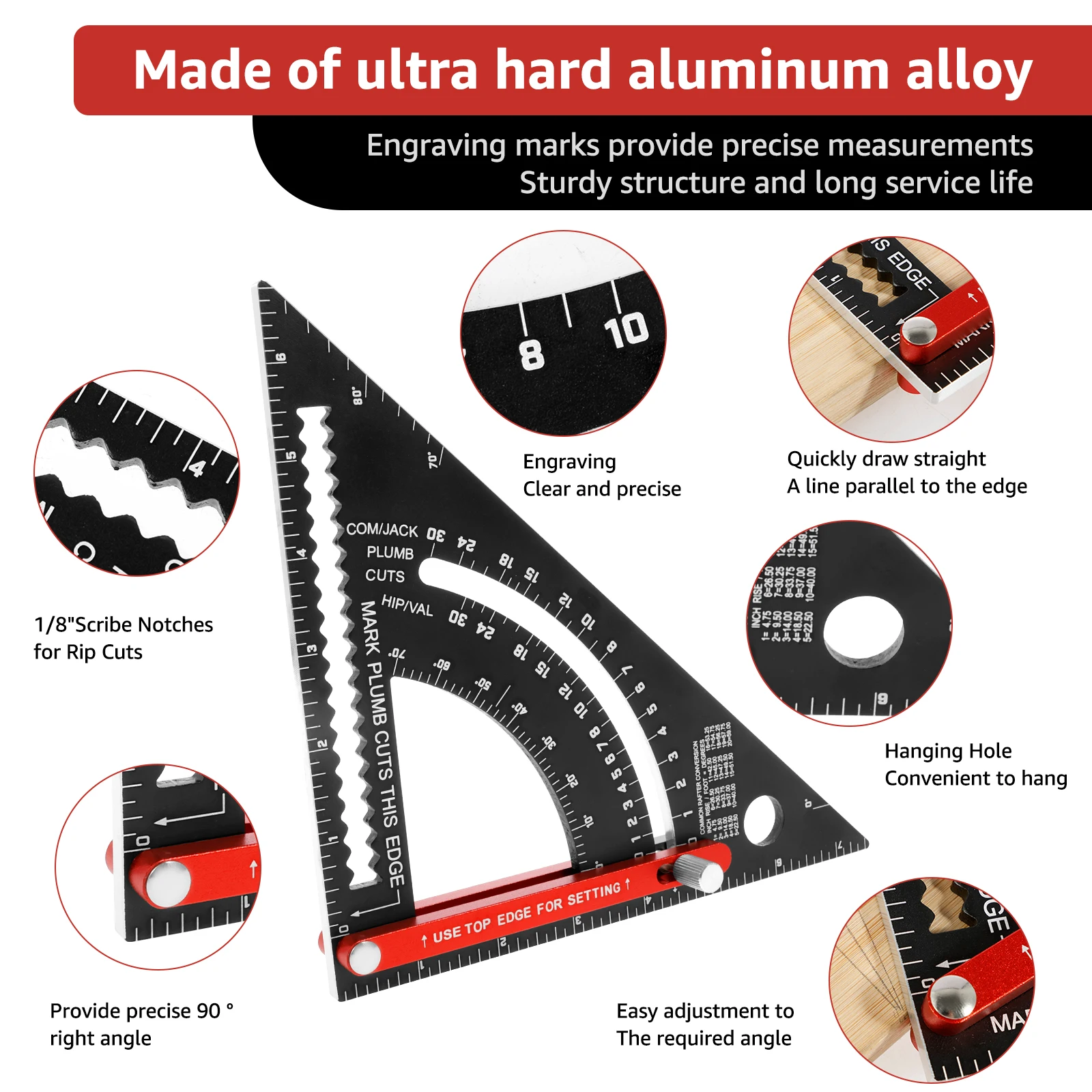 Woodworking Triangle Ruler 7 Inch Aluminum Alloy Carpenter Square Adjustable Rafter Square Protractor Combination Square Tool