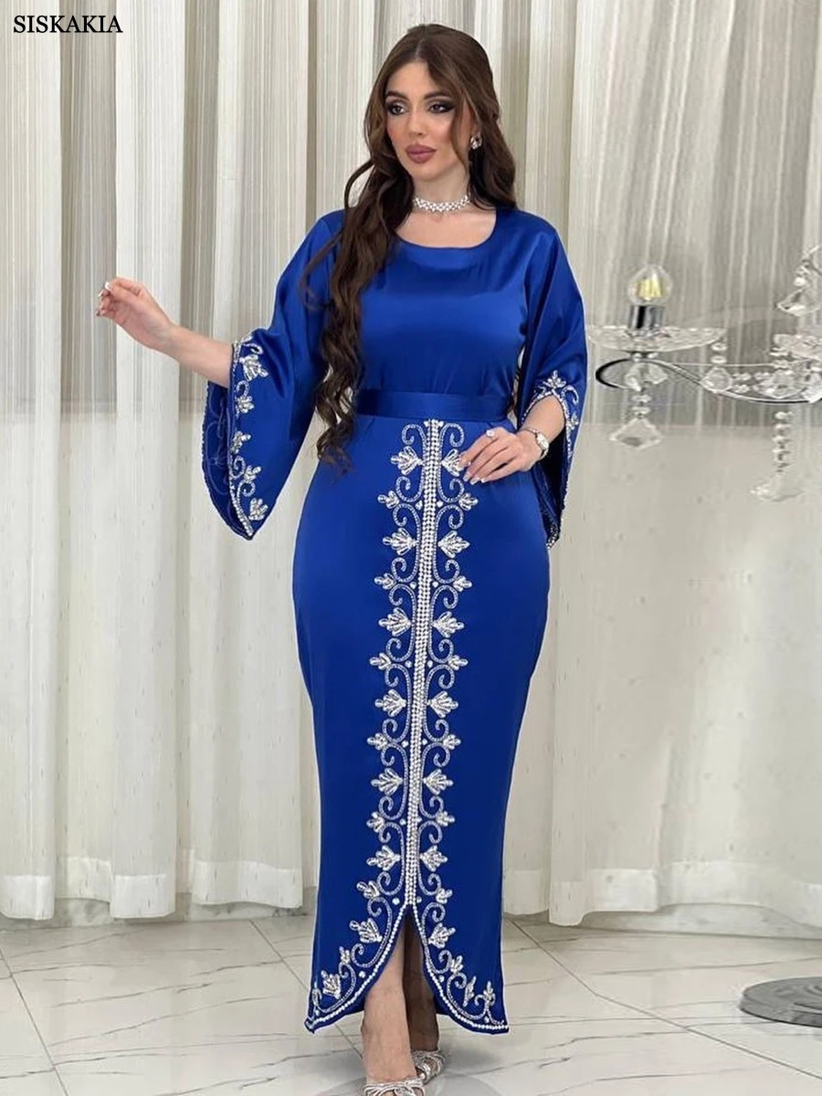 Dresses For Prom Kaftan Dubai Luxury Diamonds Formal Occasion Abaya Elegant Split Sleeve Ladies Long Wrap Dress With Belt