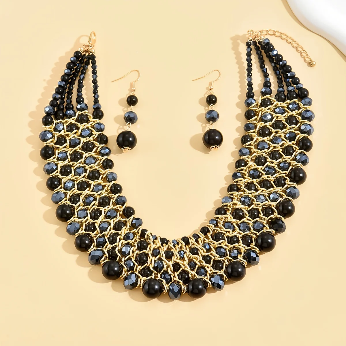 Boho style handcrafted 5-row beaded personality Necklace and earring set - elegant woven jewelry with black beads for ladies