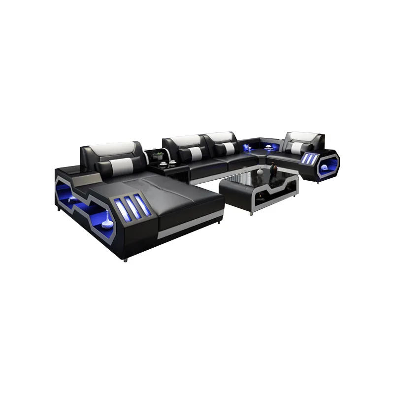 2025 High Quality Modern Luxury smart Leather Sectional Sofa Chairs Set Couch Living Room furniture Sofas With Led