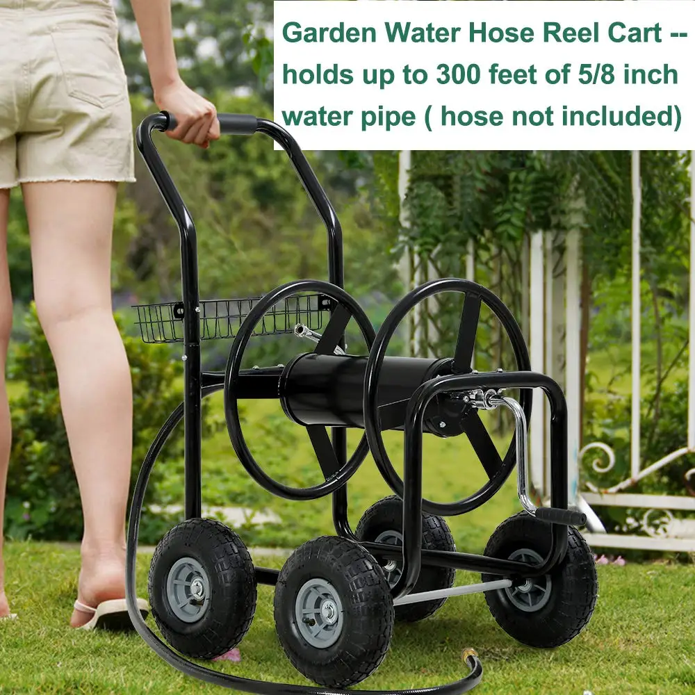 Garden Hose Reel Cart with Wheels, Holds 300-Feet of 5/8-Inch Hose, Heavy Duty Yard Water Planting 4 Wheels Outdoor