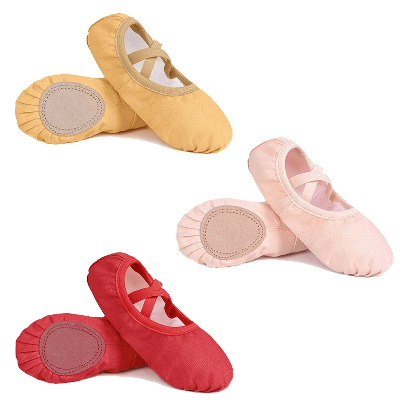 Chaussures de Ballet en toile pour filles, chaussures plates légères et ventilées à semelle fendue, élastiques du cou-de-pied croisé, chaussures de gymnastique