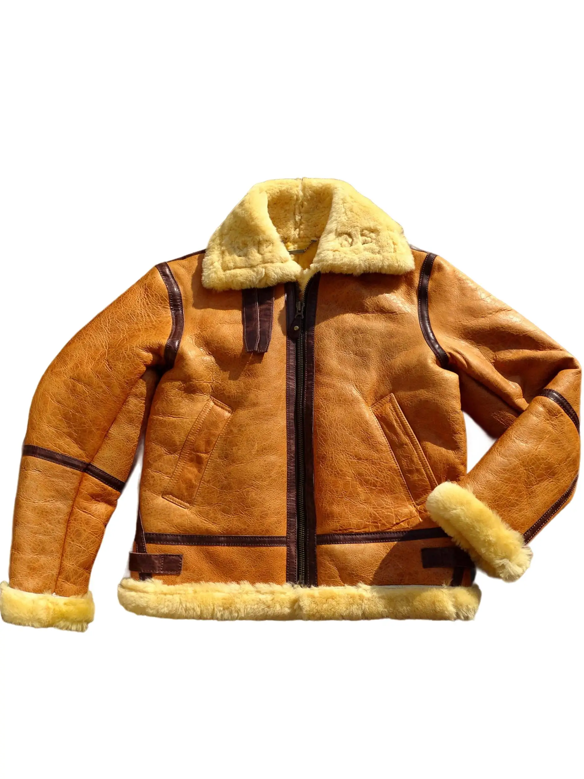 Orange Winter Shearling Jacket Men Vintage Style Plus Size 5XL Genuine Natural Sheepskin Thick Warm Bomber Military Flight Coat