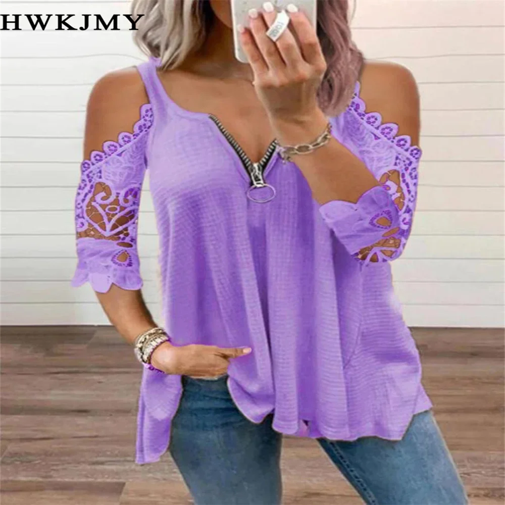 Summer New Lace Petal Half Sleeve Zipper Ladies T-Shirt for women Oversize Off Shoulder V-Neck Loose Casual Top Tee Tunic 8XL