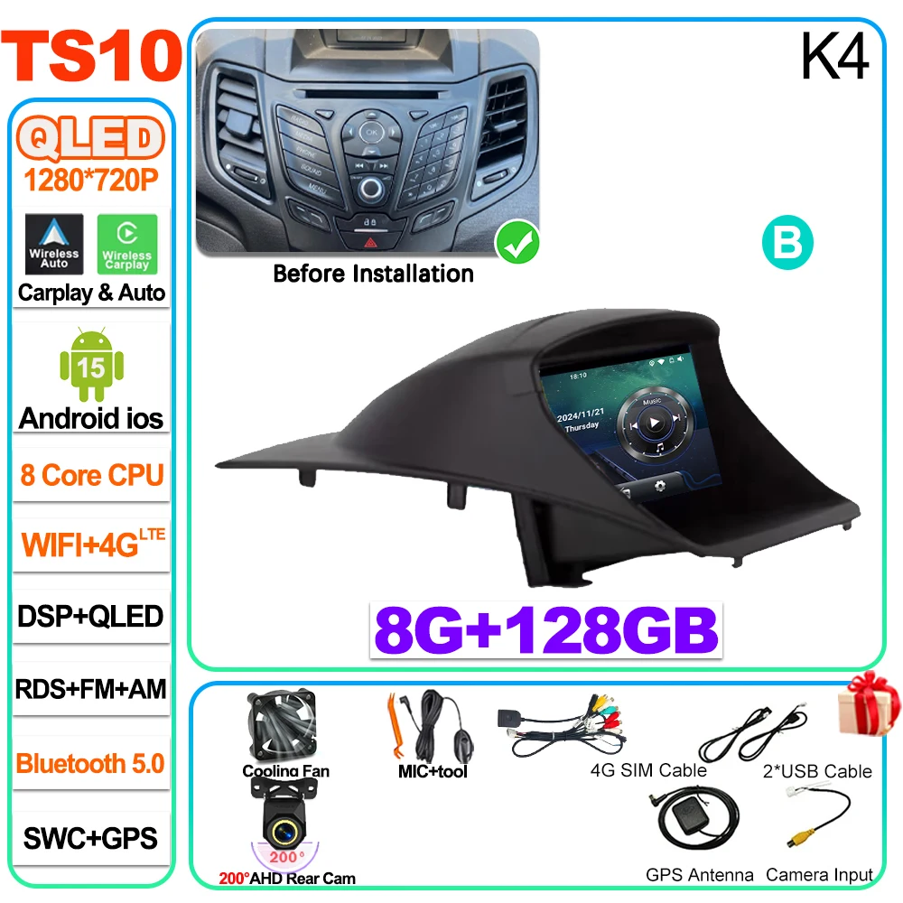 Auto radio Carplay Android 16 voor Ford Fiesta Mk 6 2009 2010 2011 2012 2013 2014 -2018 Radio Multimedia Videospeler Scherm GPS