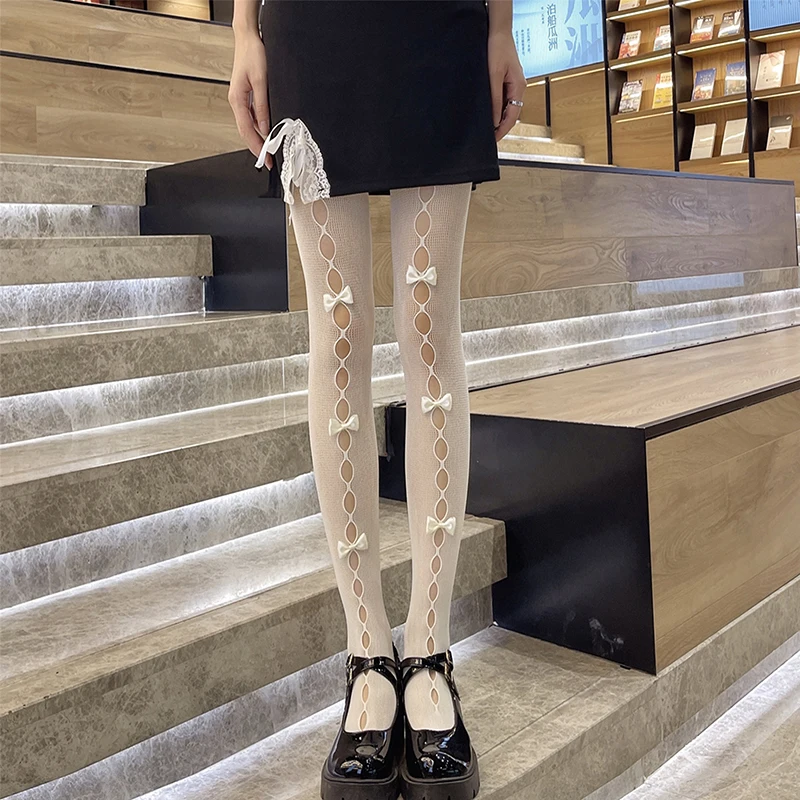 Women's Transparent Hole Net Stockings Pantyhose White Black with Big Bow Decoration Cutout Transparent Pantyhose