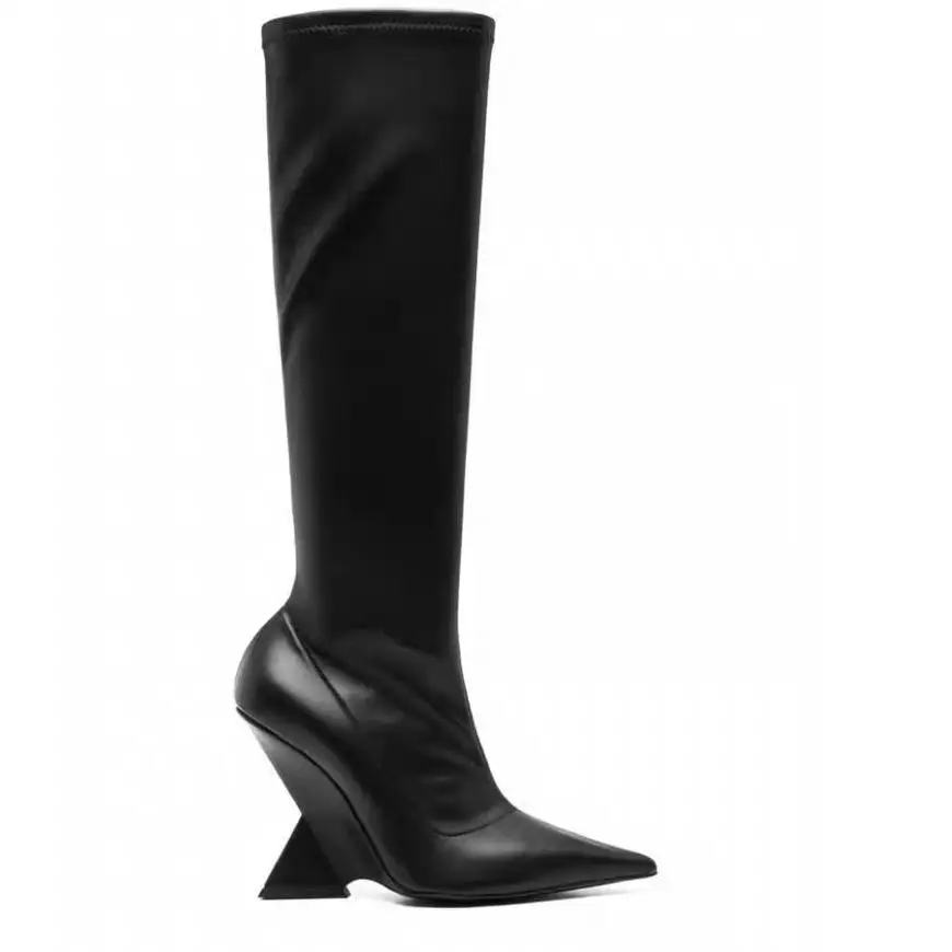 

Women Autumn Winter Knee High Boots for Woman's Pointed Toe Zipper-Sid Strange Heels High Heeled Shoes Sexy Ladies Stretch Botas