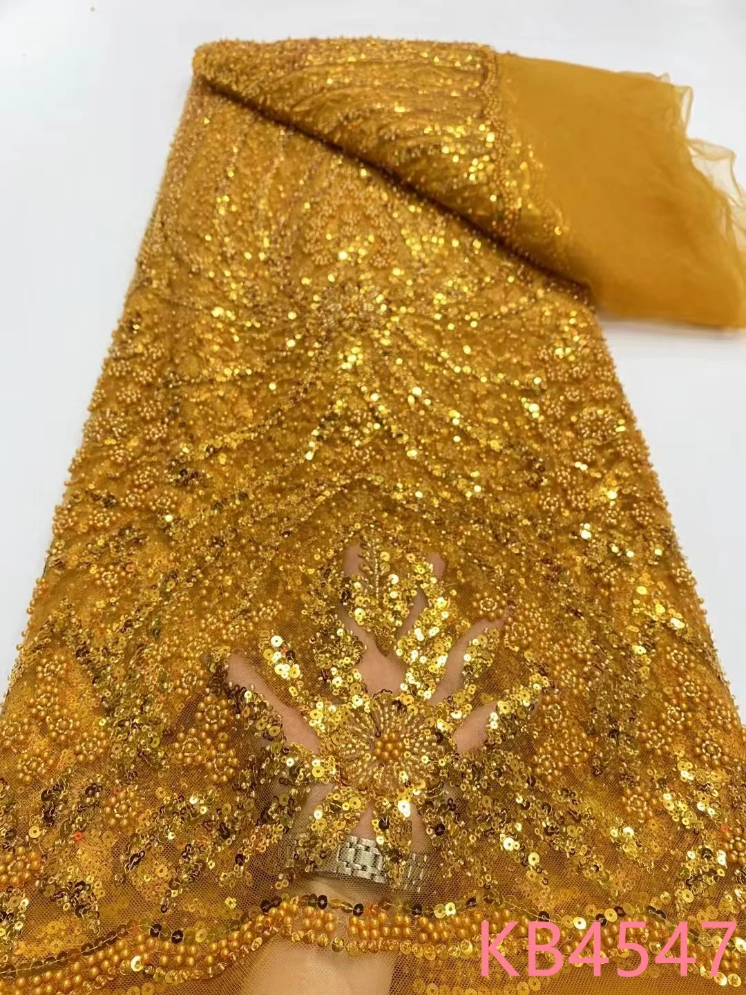 Green Beaded Lace Gold Sequins Lace African Lace Fabric 5 Yards High Quality 2025 Orange Beaded Lace Fabric For Sewing KB4547