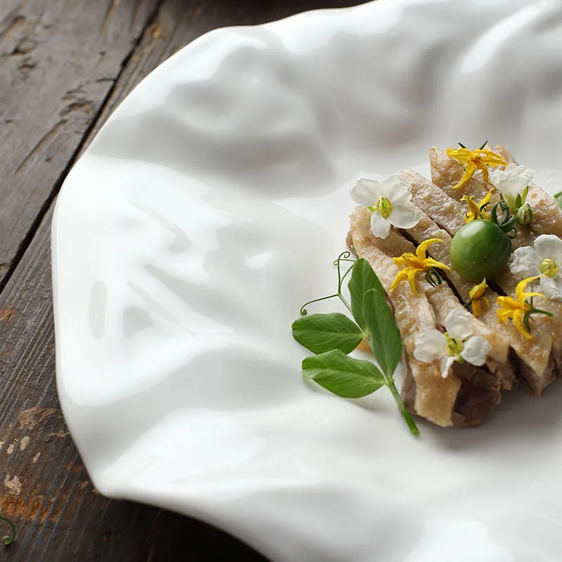 Irregular White Ceramic Dinner Plate - Pleated Design Serving Tray