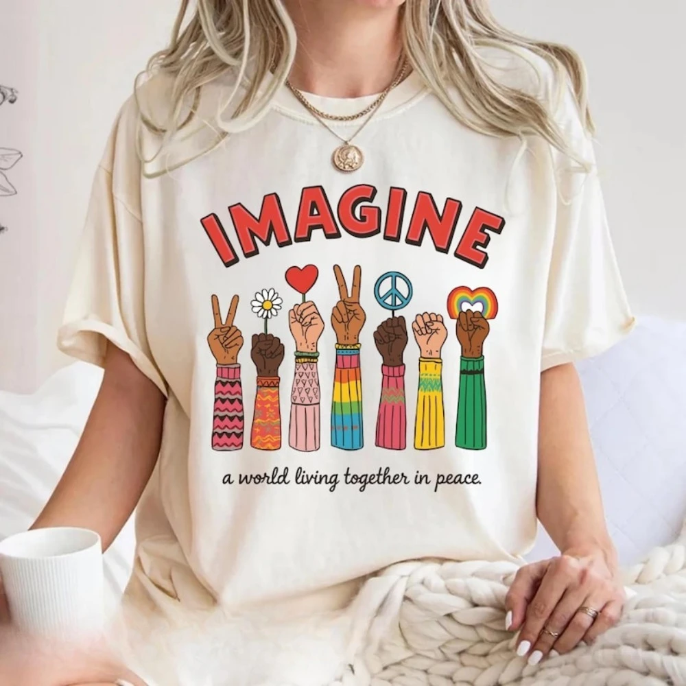 Imagine A World Living Together in Peace Women Shirt Hippie Life Tops Fashion Women Clothes Summer Patterned Prints Shirt