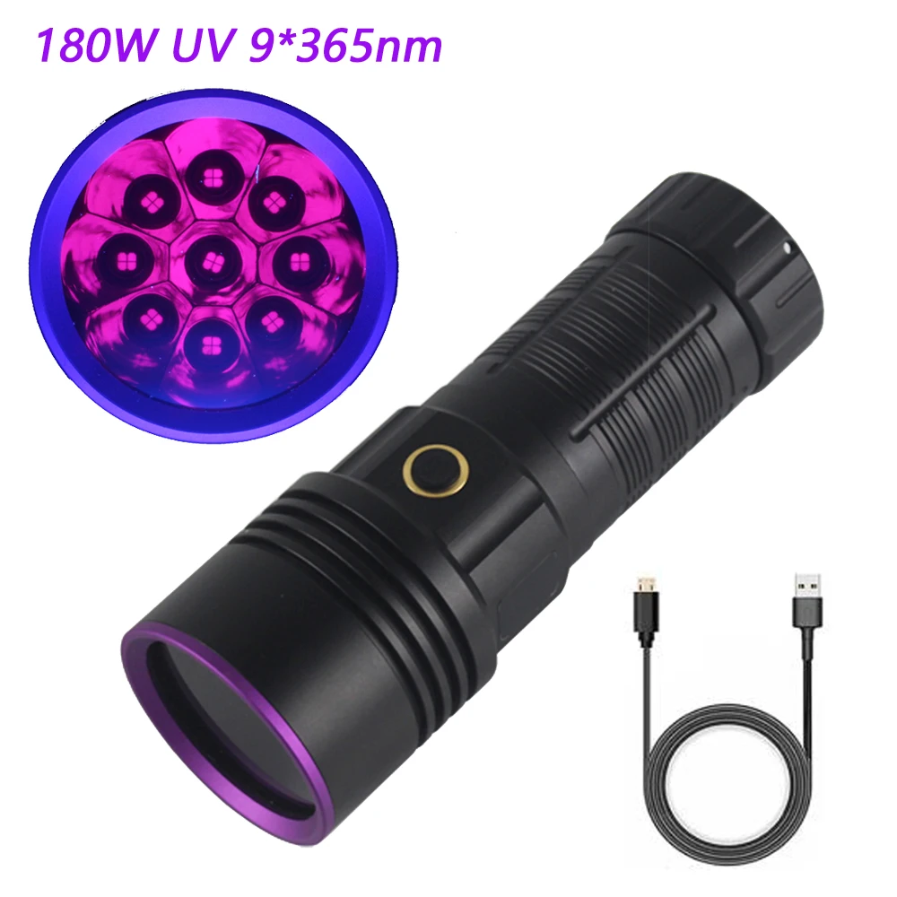 180W 365nm UV Flashlight 9Core Black Mirror High power Purple Light Fluorescer Ore Scorpion Cat Pet Urine Stains Marker Lamp