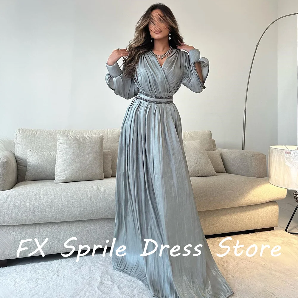 V Neck Straight Satin Floor Length Crystal Belt Long Sleeves Sweep Train Pleats Solid Color Evening Dress Woman Custom Size 2024