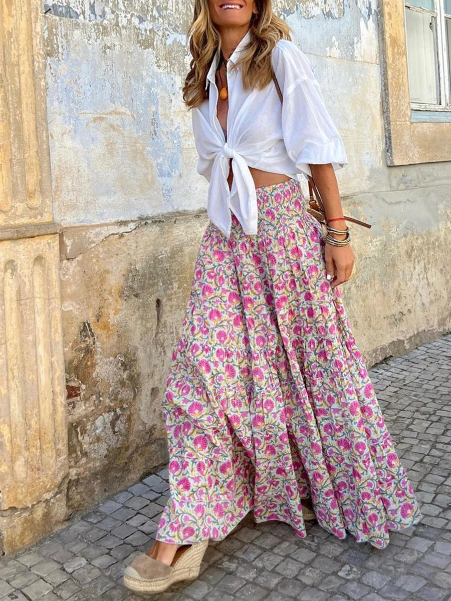 

New Fashion Women Summer Long Skirt Large Hem Floral Print Elastic High Waist A-Line Skirt For Beaches Club Streetwear S-XL