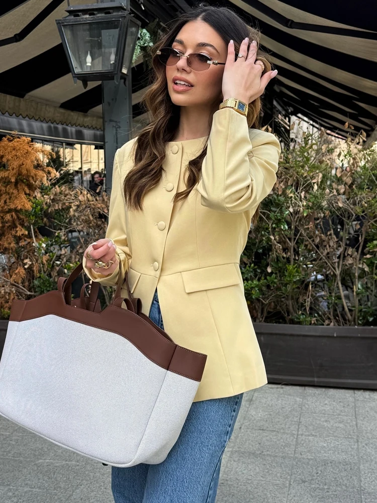 

HH 2025 Elegant Women's Yellow Slim Blazer Jacket Female O-Neck Long Sleeve Single Breasted Suit Coat Lady Office Streetwear