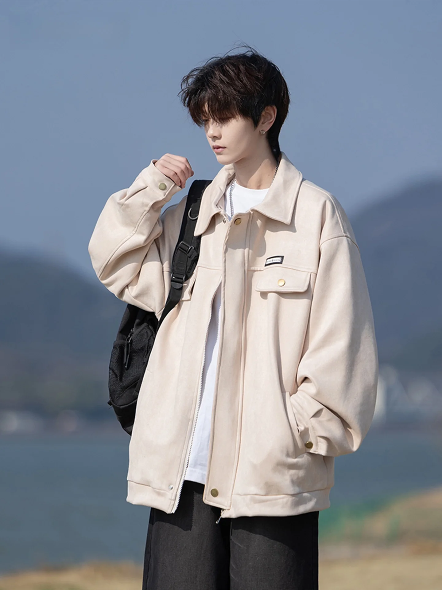 

Loose Fit Men's Suede Jaet Spring Autumn Sle Casual Outerwear Large Size Teenager Faion Brand MOO & TONAL