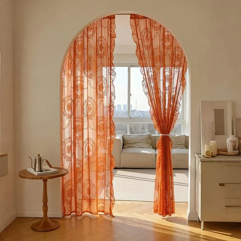 Cortina de Encaje Floral Vintage, Cortina Transparente con Borde de Volantes, Cortinas de Tul para Ventanas y Puertas Arqueadas