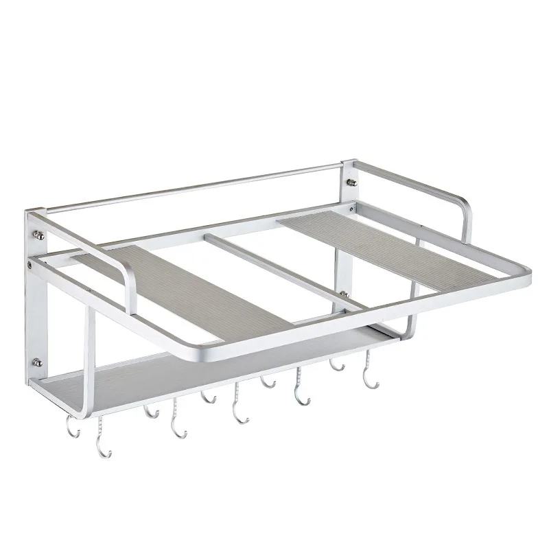 Kitchen Storage Rack Multi-Purpose Space Aluminum Double Layer Microwave Rack with Hook Wall