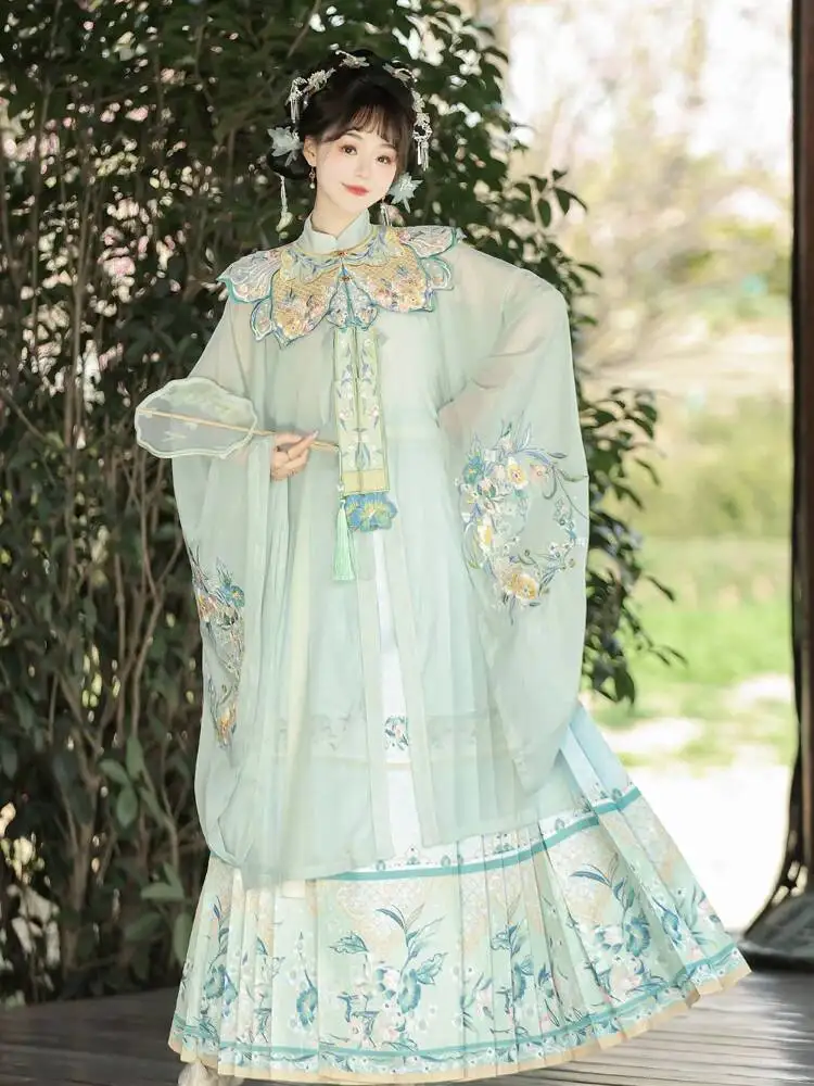 Ming Style Floral Embroidery Cloud Collar Hanfu Sheer Wide Sleeve Coat Printed Skirt Classical Dance Costume