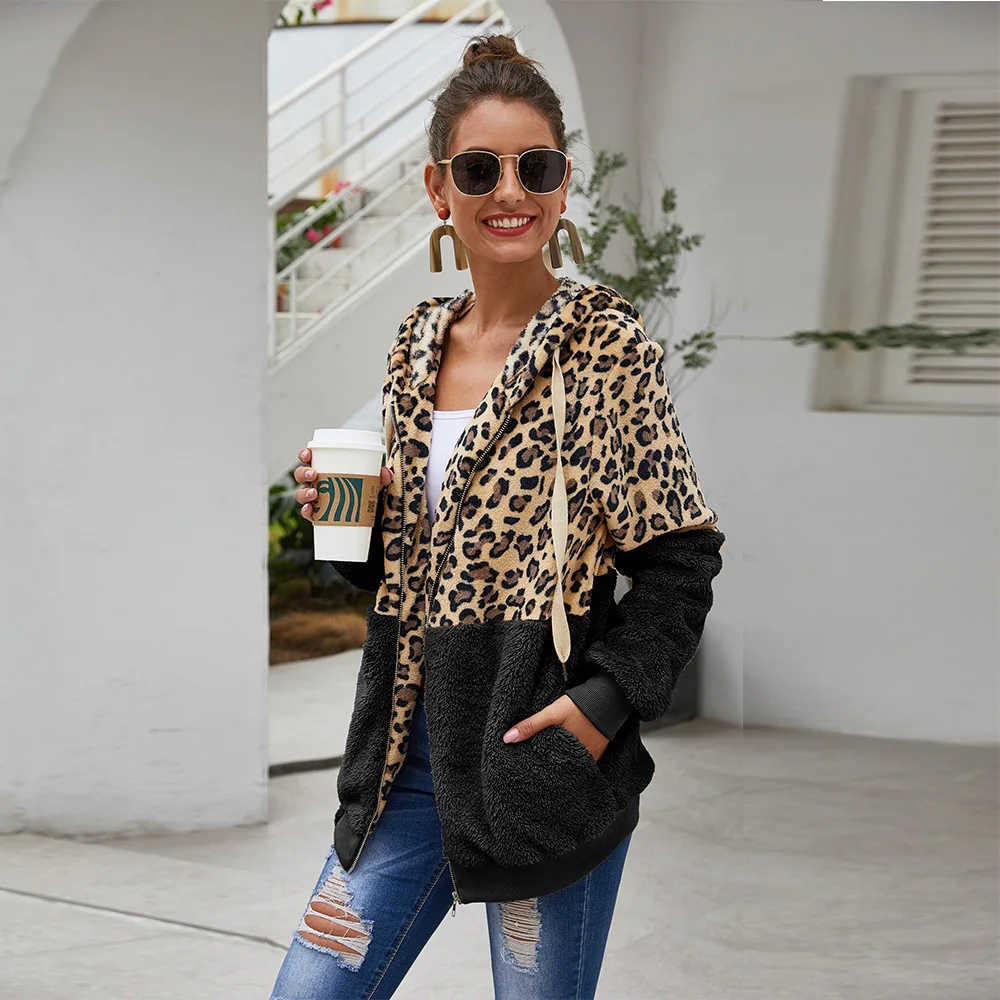 Autumn Winter Sweatshirts Women Hooded Leopard Hoodies Casual Zipper Long Sleeve Hoodie Fashion Top Warm Coat Polerones Mujer