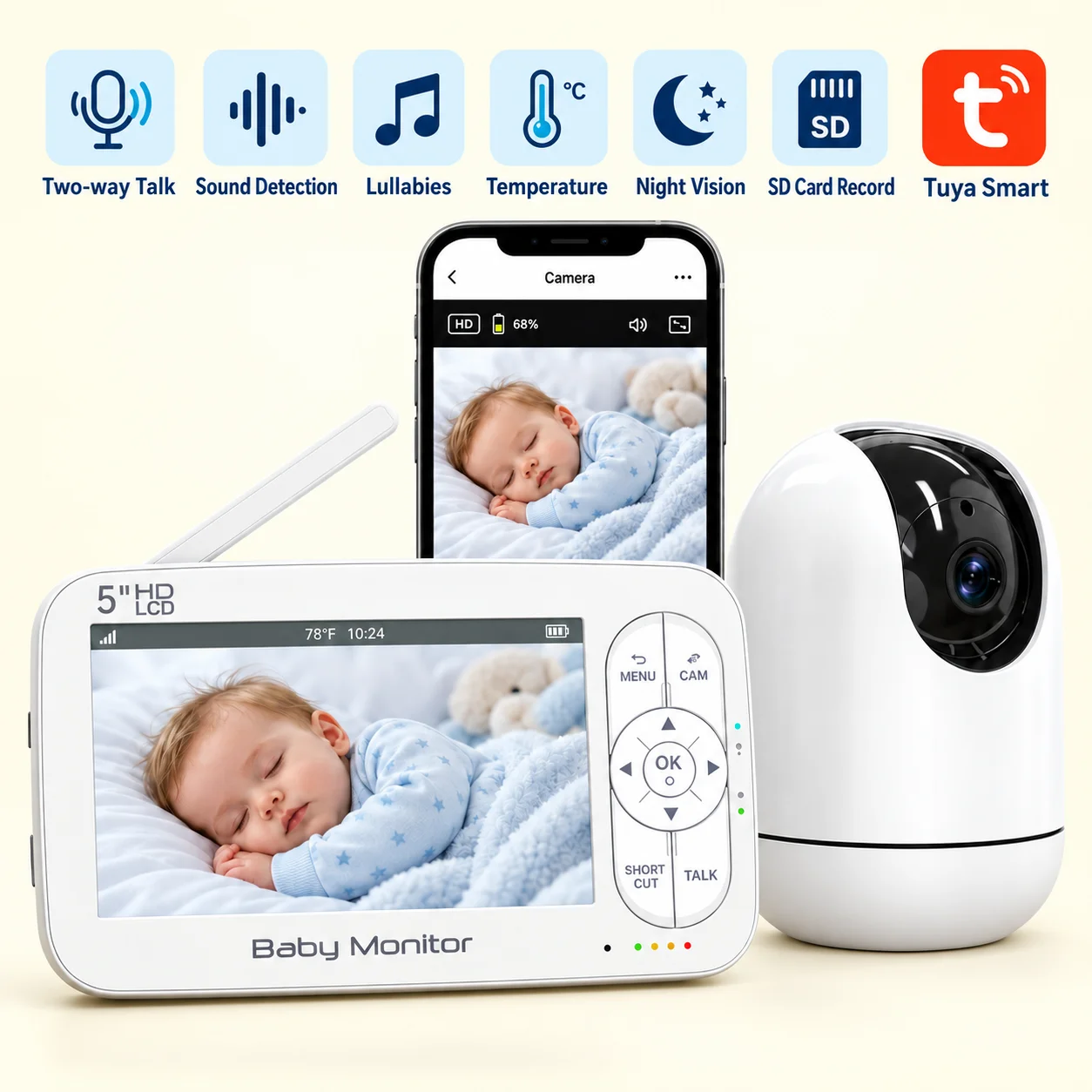 5 Inch Color LCD Baby Monitor VOX Cry Detection with IR Night Vision Two-Way Audio Temperature Monitoring And Feeding Reminder