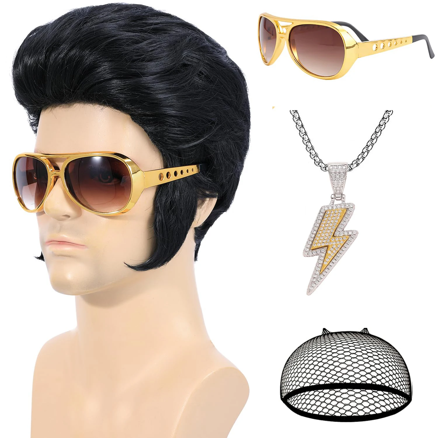 Elvis Schwarze Perücke + Brille + Halskette + Perückenkappe für Herren 1950er Disco Party Hitzebeständige synthetische kurze Herrenperücke – Detail 2