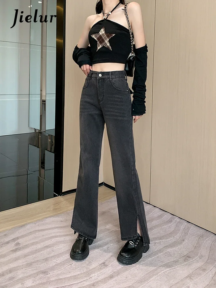 

Jielur Korean Summer Flare Jeans Women High Waist Black Gray Jeans Female Split Skinny Denim Pants Lady Preppy Style Basic Jeans