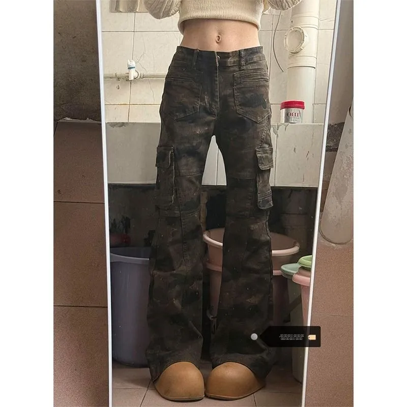 

Low Waist American Camouflage Flared Work Pants Women's Spring Autumn New Sle Multi ket Street Sexy Slim Straight Leg Jeans