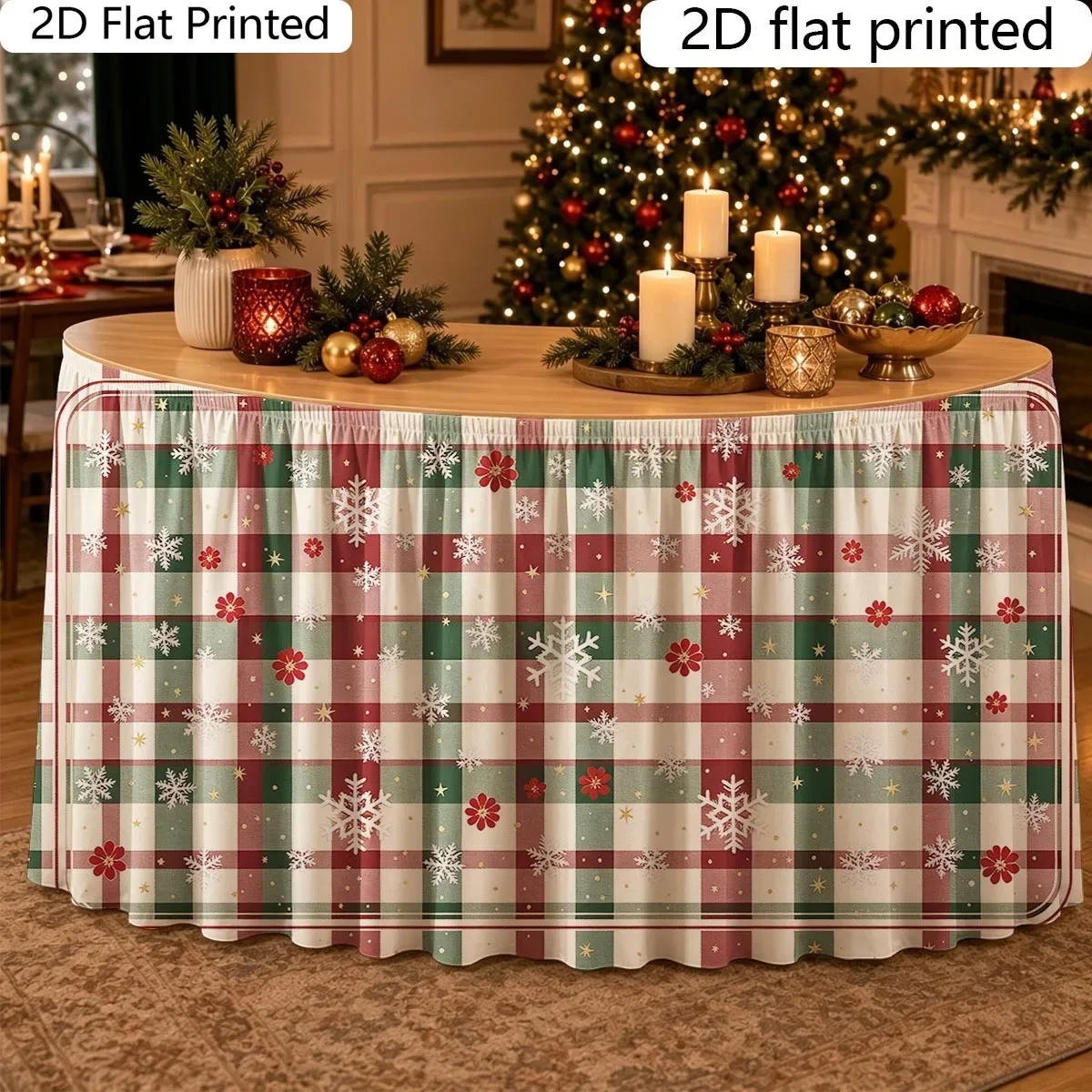 1 PC 2D flat red and green checkered snowflake, star and flower printed table skirt, polyester fiber, high quality