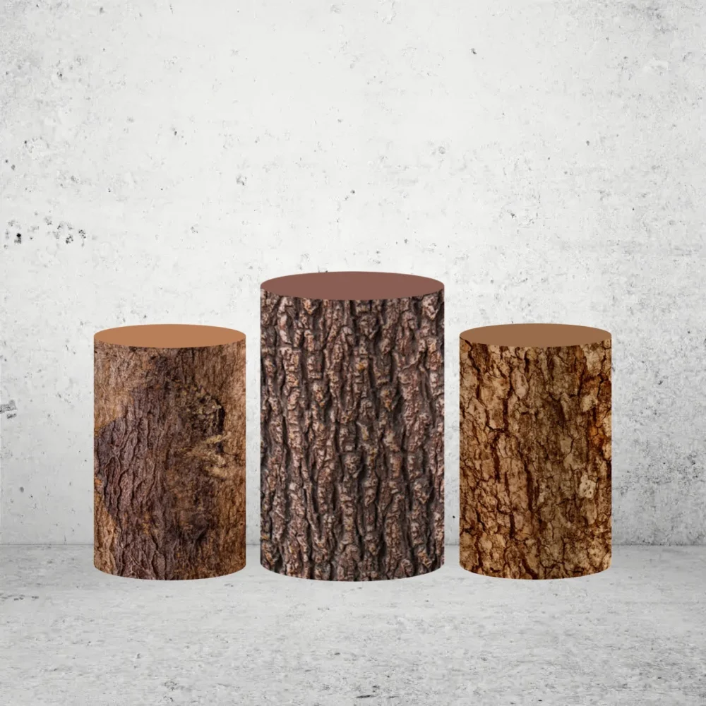Brown Wooden Cylinder Cover Backdrop Rustic Wood Texture Birthday Party Plinth Cake Dessert Pedestal Background Decor Elastic