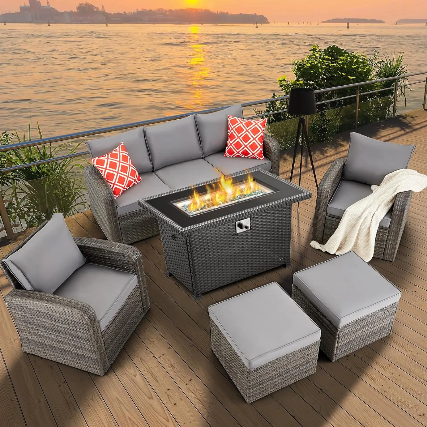 

6 Pcs Patio Furniture Set with Fire Pit Table, Sectional Sofa Conversation Set w/Cushions & Pillows, 50,000 BTU Gas Fire Table