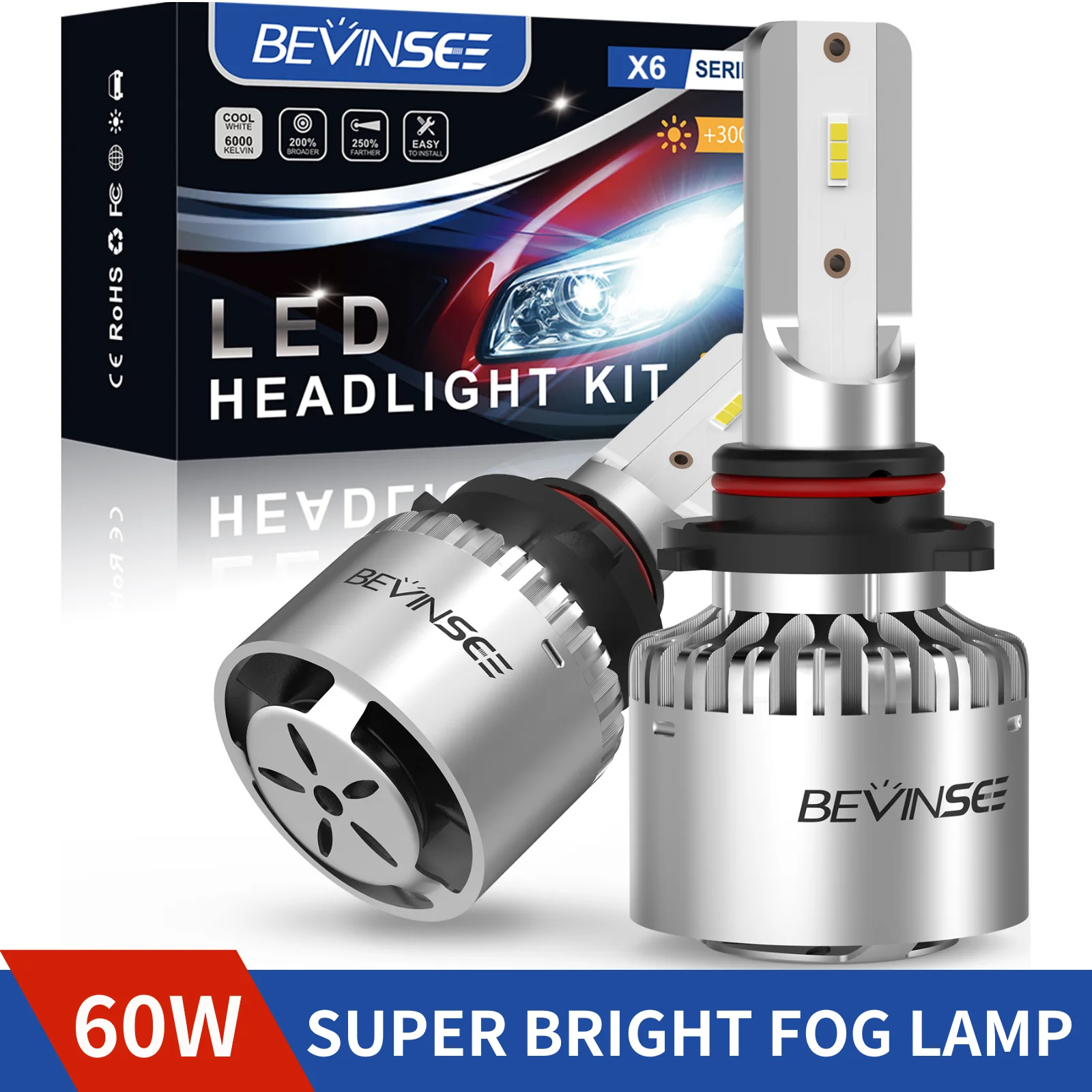 BEVINSEE 2x LED 9005 Headlight Bulb 9005 HB3 LED Lights High Brightness 8000LM 60W Easy To Install 6000K 12V