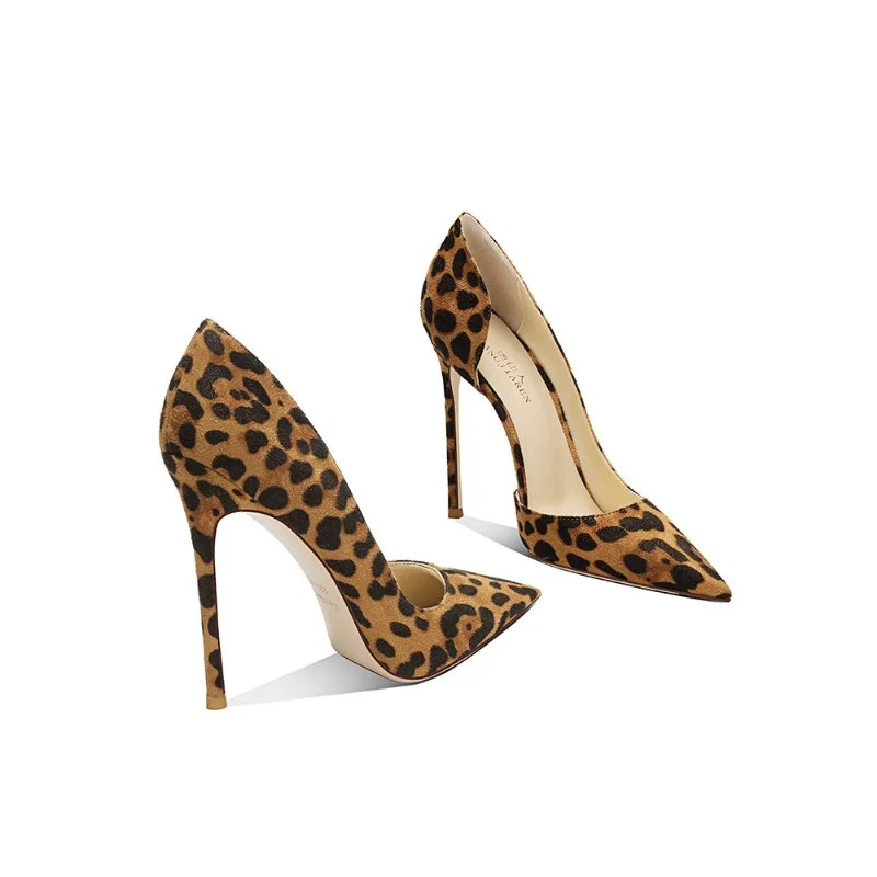 New suede leopard print side empty high heels for women, slim heels, soft and comfortable,sexy temperament, pointed single shoes