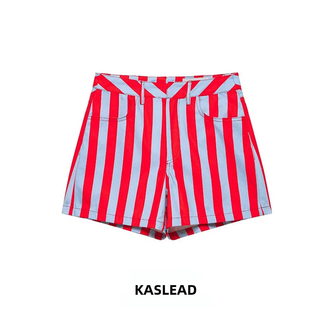 

KASLEAD Fashionable Casual Striped Shorts Women's Straight Leg Pants Natural Waist Polyester Fiber Summer Collection