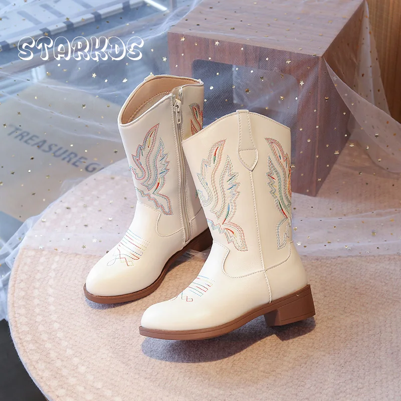 

Rainbow Color Embroidered White Leather Western Knee High Boots Kid Girl Side Zip Cowboy Long Booties Child Warm Plush Botas