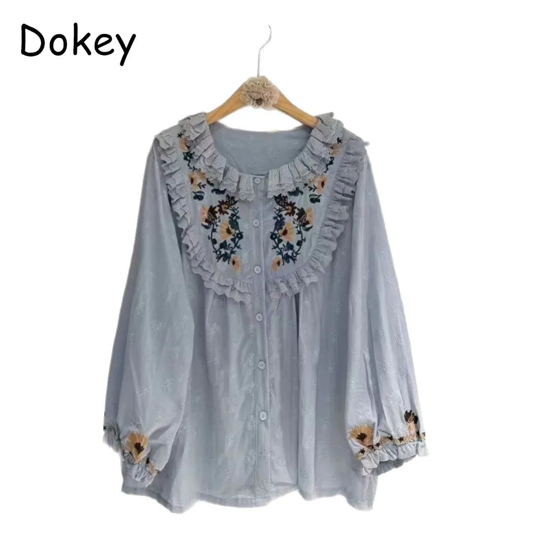 Women Flower Embroidery Blue Kawaii Shirt Japanese Mori Girl Peter Pan Collar Long Sleeve Lolita Blouse Autumn Loose Ruffled Top