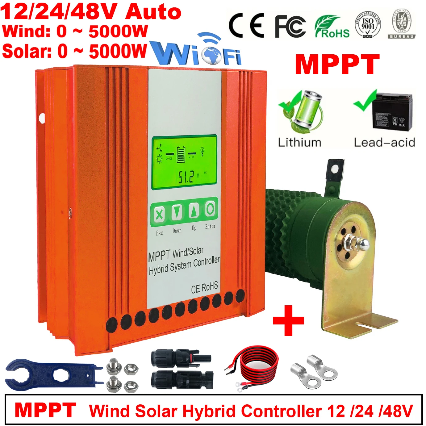 

6000W MPPT Hybrid Solar Wind Charge Controller 12V 24V 48V PV Wind Turbine WIFI Regulator For Lifepo4 Lithium Lead Acid Battery