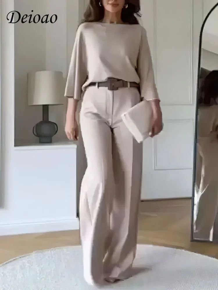 Deioao Office 2-piece Set Tops And Pants For Women\'s Summer Halft Sleeve Beige Slim Elegant Fashion Female Clothing Wide Pant