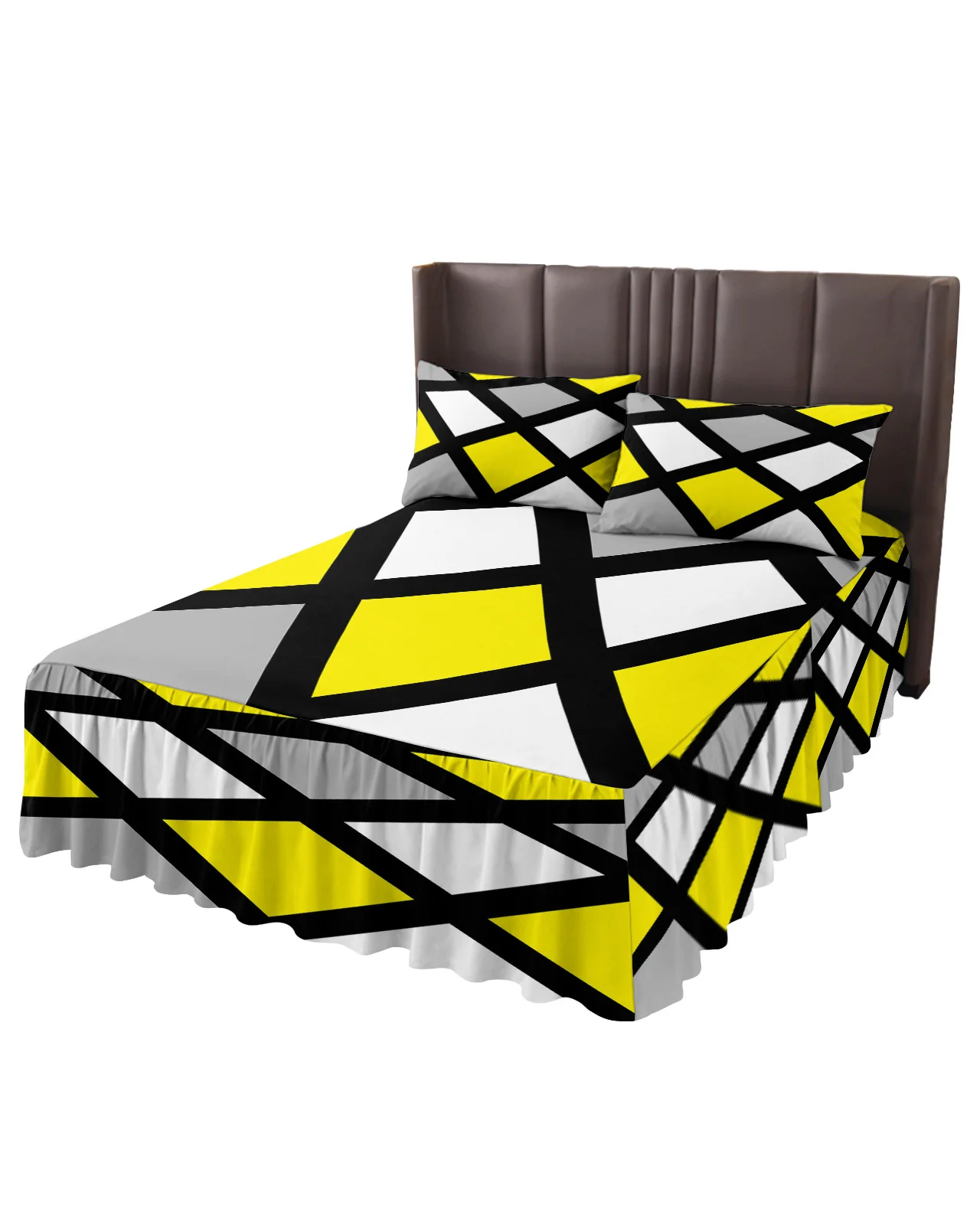 Yellow Black Grey Geometric Square Bed Skirt Elastic Fitted Bedspread With Pillowcases Mattress Cover Bedding Set Bed Sheet