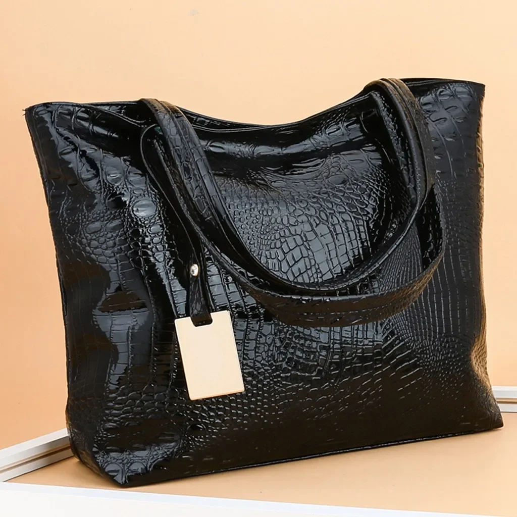 Bolsa de couro PU crocodilo para mulheres, bolsas de ombro casuais, grande capacidade, prata, ouro, preto, sacola grande, bolsas de mão para senhoras, moda