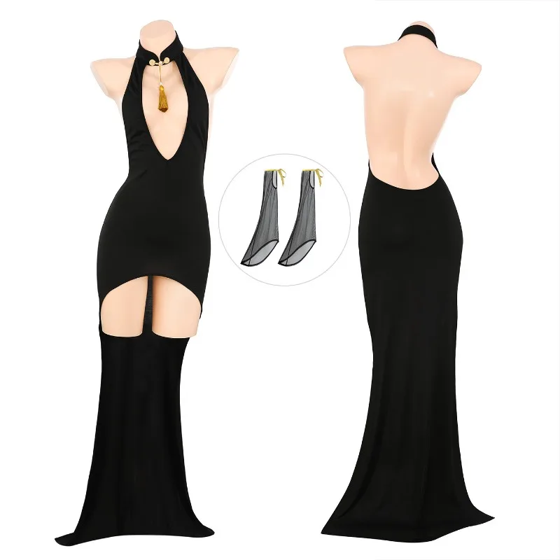 Erotic Deep V Expose Breast Cheongsam Dress Sexy Backless Long Dress with Sleeves Chinese Retro Qipao Uniform Roleplay Nightwear