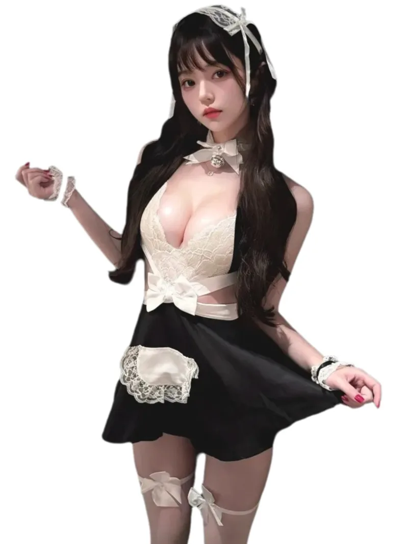 Sexy Lace Backless Split Hem Maid Black And White Maid With Bowknot For Woman Pure Desire Charming Sweet Cute Dress Elegant 9VP6